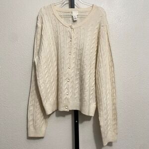 Women's Cream Cableknit Pearl Button Cardigan XL Preppy Coquette Soft Girl